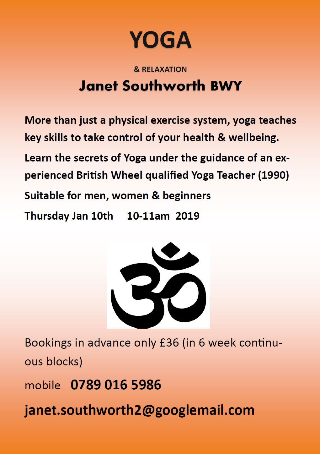 Yoga and Relaxation at Appley Bridge starting Thur 10 Jan at 10-11am - contact janet.southworth2@googlemail.com or 07890165986