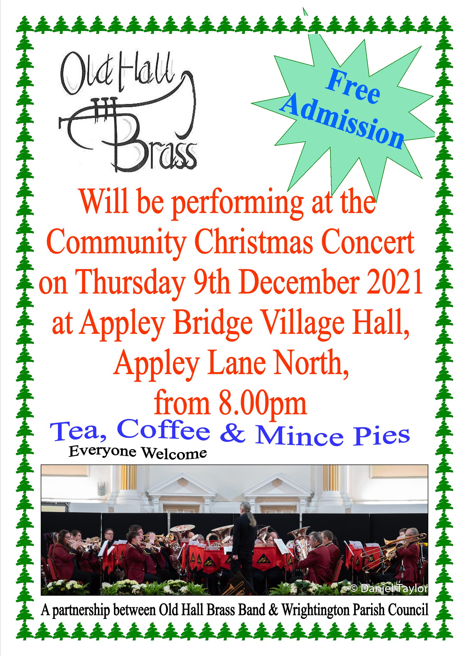 Old Hall Brass will be performing at the Community Christmas Concert on 9th Dec 2021 at Apply Bridge Village Hall from 8pm